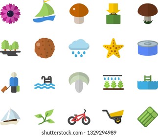 Color flat icon set canned food flat vector, mushroom, cutlet, flower, sprinkling machine, garden wheelbarrow, rain, tree leaf, forest, sailboat, bicycle, pool, fector, luggage, get, starfish