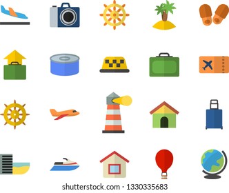 Color flat icon set canned food flat vector, lighthouse, aircraft fector, balloon, suitcase, ticket, hotel first line, arrival, hand luggage, island, camera, steering wheel, water scooter, taxi