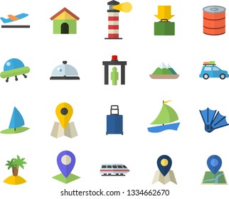Color flat icon set canned food flat vector, lighthouse, location, sailboat, ufo, train fector, car, control gate, departure, get luggage, island, flippers, mountains, jingle, windsurfing, house