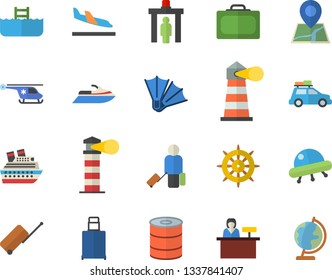 Color flat icon set canned food flat vector, lighthouse, helicopter, ufo, car fector, control gate, luggage, suitcase, arrival, flippers, pool, reception desk, water scooter, cruise ship, location