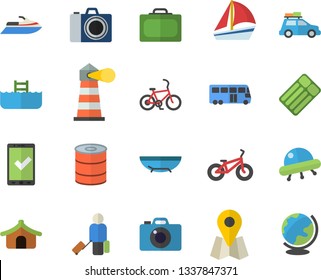Color flat icon set canned food flat vector, lighthouse, location, sailboat, ufo, bicycle, car fector, bus, luggage, suitcase, check in, tent, sea beach, pool, camera, water scooter, globe