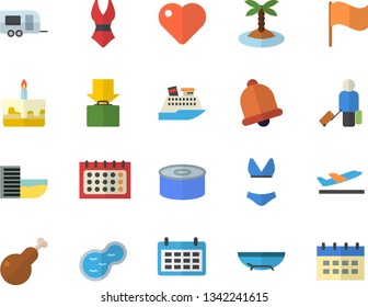 Color flat icon set canned food flat vector, cake, chicken, pond, flag, calendar, heart, swimsuit, trailer fector, luggage, hotel first line, departure, get, sea beach, island, cruise ship, bell