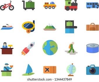 Color flat icon set canned food flat vector, rocket, earth, globe, lunar rover, bicycle, sport bag, train fector, bus, hike, baggage claim, passport control, ticket, swimming mask, luggage trolley