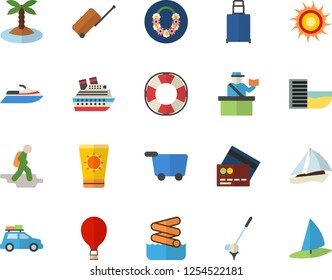 Color flat icon set car flat fector, sailboat, hike, balloon, luggage, passport control, hotel first line, credit card, sun, protection cream, island, hawaiian wreath, aquapark, grocery trolley