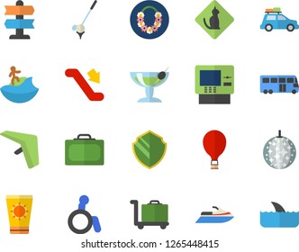 Color flat icon set car flat fector, bus, escalator, hang glider, balloon, suitcase, cash dispenser, sun protection cream, hawaiian wreath, cocktail, disco ball, surfing, luggage trolley, pointer