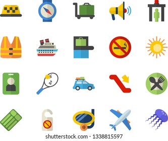 Color flat icon set car flat fector, escalator, control gate, baggage claim, aircraft, sun, swimming mask, table setting, luggage trolley, tennis, mouthpiece, no smoking, pass, life vest, taxi