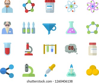 Color flat icon set carbon dioxide flat vector, funnel, molecules, vial, pipette, blood test, microscope, ampoule, flask, molecule, atom, gas burner, scientist, beakers, vitamins, pills