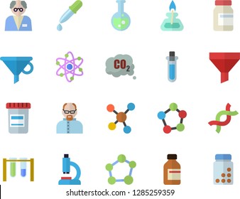 Color flat icon set carbon dioxide flat vector, funnel, vial, pipette, microscope, DNA, molecules, flask, molecule, atom, gas burner, scientist, beakers, vitamins