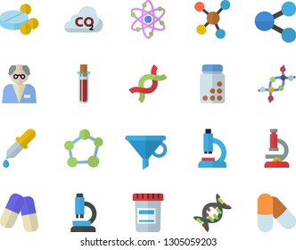 Color flat icon set carbon dioxide flat vector, funnel, molecules, pills, vial, pipette, blood test, microscope, DNA, molecule, atom, scientist, vitamins