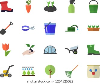 Color flat icon set carrot flat vector, tree, pulverizer, sprinkling machine, shovel, hose, secateurs, seedlings, rake, bucketful, planting plants, garden wheelbarrow, gumboots, tulip, lawn mower
