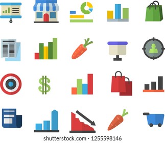 Color flat icon set carrot flat vector, store front, target audience, crisis, chart, dollar, statistics, flipchart, bags, news, statistic, presentaition board, grocery trolley fector