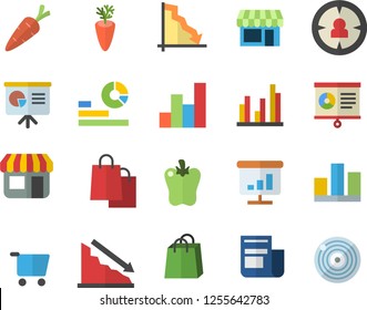 Color flat icon set carrot flat vector, bell pepper, store front, grocery trolley, target audience, crisis, statistics, bags, news, chart, statistic, presentaition board, shop fector