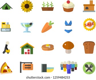 Color flat icon set carrot flat vector, pancakes, bread, pizza, mushroom, cupcake, flower, seedlings, fireplace, signboard, team, sell out, cash machine, warehouse, businessman, swimsuit, cocktail