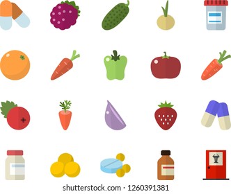 Color flat icon set carrot flat vector, garlic, onion, bell pepper, tomato, cucumber, cranberry, Strawberry, blackberry, orange, pills, vial, vitamins, doctor's office fector