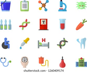 Color flat icon set carrot flat vector, bucketful, medical warmer, pipette, blood test, disabled, stethoscope, virus, microscope, hospital bed, ampoule, DNA, molecules, broken tooth, brain fector