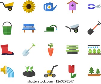 Color flat icon set carrot flat vector, nesting box, flower, sprinkling machine, shovel, hose, secateurs, watering can, bucketful, planting plants, irrigation, garden wheelbarrow, gumboots, tulip