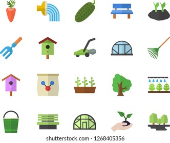 Color flat icon set carrot flat vector, cucumber, nesting box, tree, sprinkling machine, pitchfork, seedlings, rake, bucketful, planting plants, hose irrigation, lawn mower, bench, greenhouse