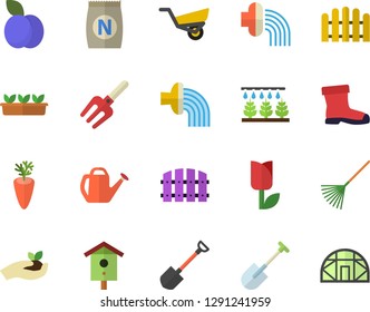 Color flat icon set carrot flat vector, plum, fertilizer vectory, nesting box, sprinkling machine, pitchfork, shovel, fence, seedlings, rake, watering can, hose irrigation, garden wheelbarrow, tulip