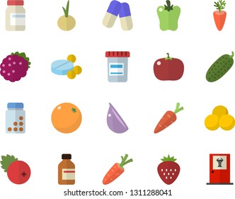 Color flat icon set carrot flat vector, garlic, onion, bell pepper, tomato, cucumber, cranberry, Strawberry, blackberry, orange, pills, vial, vitamins, doctor's office fector