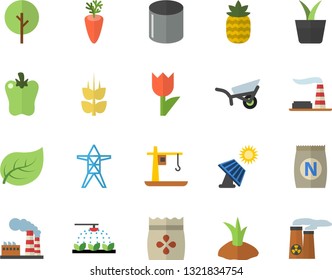 Color flat icon set carrot flat vector, bell pepper, pineapple, ear, seeds, fertilizer vectory, home plant, tree, sprinkling machine, planting plants, garden wheelbarrow, tulip, solar battery, leaf