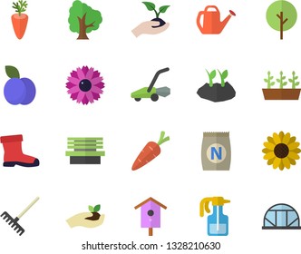 Color flat icon set carrot flat vector, plum, fertilizer vectory, nesting box, tree, flower, pulverizer, seedlings, rake, watering can, planting plants, gumboots, lawn mower, bench, greenhouse