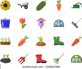 Color flat icon set carrot flat vector, cucumber, nesting box, flower, pitchfork, hose, rake, bucketful, planting plants, garden wheelbarrow, gumboots, tulip, seedlings, greenhouse