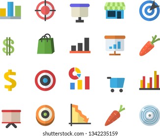 Color flat icon set carrot flat vector, grocery trolley, crisis, dollar, statistics, flipchart, bags, chart, statistic, target, shop fector