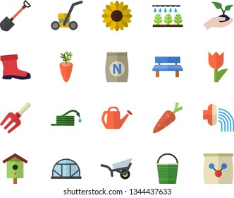 Color flat icon set carrot flat vector, fertilizer vectory, nesting box, flower, sprinkling machine, pitchfork, shovel, hose, seedlings, watering can, bucketful, irrigation, garden wheelbarrow