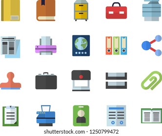 Color flat icon set case flat vector, news, briefcase, clipboard, notebook, printer, paper tray, copy machine, archive, contract, textbook, folders for papers, passport fector, pass, share, clip