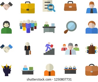 Color flat icon set case flat vector, person, team, briefcase, headache, magnifier, office worker, meeting, agreement, businessman, career ladder, user