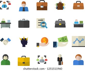 Color flat icon set case flat vector, person, investments, briefcase, headache, recruitment, magnifier, office worker, point diagram, meeting, agreement, businessman, user