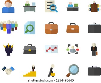 Color flat icon set case flat vector, team, briefcase, headache, recruitment, magnifier, office worker, point diagram, meeting, agreement, businessman, career ladder, user