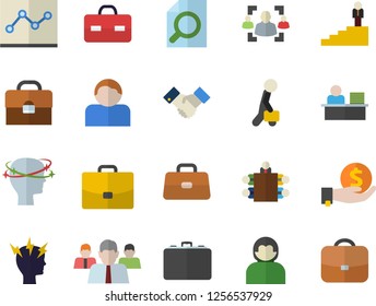 Color flat icon set case flat vector, investments, team, briefcase, headache, recruitment, magnifier, office worker, point diagram, meeting, agreement, businessman, career ladder, user