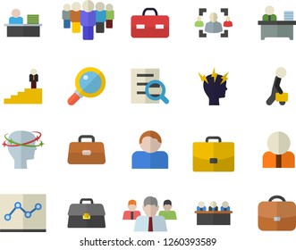 Color flat icon set case flat vector, person, team, briefcase, headache, recruitment, magnifier, office worker, point diagram, meeting, businessman, career ladder, user