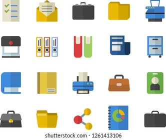 Color flat icon set case flat vector, news, book balance accounting, briefcase, notebook, computer file, to do list, printer, copy machine, archive, folders for papers, pass fector, share, stamp