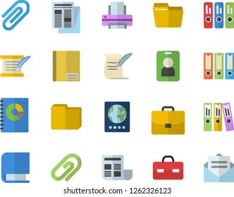 Color flat icon set case flat vector, news, book balance accounting, briefcase, notebook, clip, document, computer file, folder, printer, hostory roll, folders for papers, passport fector, pass