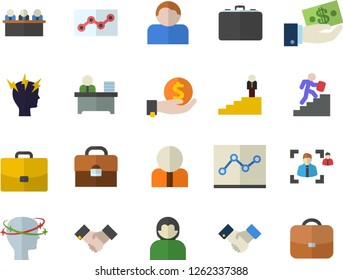 Color flat icon set case flat vector, person, investments, headache, briefcase, recruitment, office worker, point diagram, meeting, agreement, career ladder, user