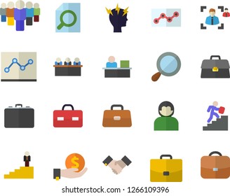 Color flat icon set case flat vector, investments, team, briefcase, headache, recruitment, magnifier, office worker, point diagram, meeting, agreement, career ladder, user