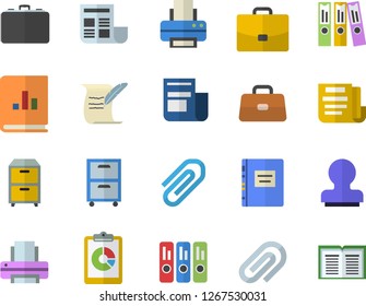 Color flat icon set case flat vector, graphic report, news, book balance accounting, briefcase, clip, document, folder, printer, archive, stamp, hostory roll, textbook