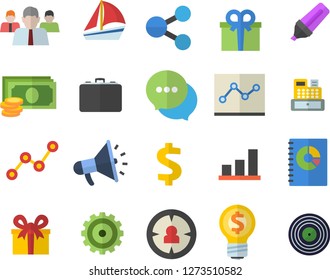 Color flat icon set case flat vector, target audience, cogwheel, cash, marker, molecules, dollar, team, idea, scatter chart, mouthpiece, book balance accounting, present, chat, sailboat, machine
