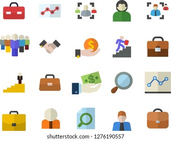 Color flat icon set case flat vector, person, investments, team, briefcase, recruitment, magnifier, point diagram, agreement, career ladder, user