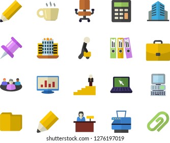 Color flat icon set case flat vector, coffee, drawing pin, computer chart, office building, file, calculator, chair, folder, pencil, copy machine, laptop, businessman, career ladder, hotel fector