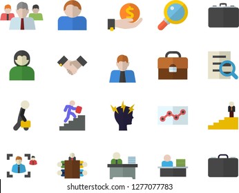 Color flat icon set case flat vector, person, investments, team, headache, briefcase, recruitment, magnifier, office worker, point diagram, meeting, agreement, businessman, career ladder, user