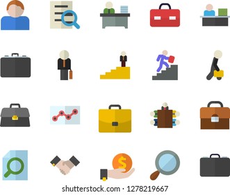 Color flat icon set case flat vector, investments, briefcase, magnifier, office worker, point diagram, meeting, agreement, businessman, career ladder, user
