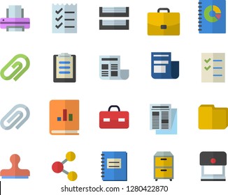 Color flat icon set case flat vector, news, book balance accounting, briefcase, clipboard, notebook, clip, document, computer file, to do list, printer, paper tray, archive, share, stamp