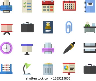Color flat icon set case flat vector, flipchart, calendar, chart, clock, abacus, badge, reading lamp, office worker, to do list, printer, paper tray, pen, notebook, clip, trash can