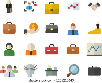 Color flat icon set case flat vector, person, investments, team, briefcase, headache, recruitment, office worker, point diagram, agreement, businessman, career ladder, magnifier, user