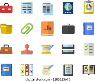 Color flat icon set case flat vector, graphic report, news, book balance accounting, briefcase, clipboard, notebook, computer file, to do list, paper tray, contract, hostory roll, textbook, clip