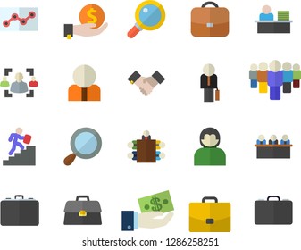 Color flat icon set case flat vector, person, investments, team, briefcase, recruitment, office worker, point diagram, meeting, agreement, businessman, career ladder, magnifier, user
