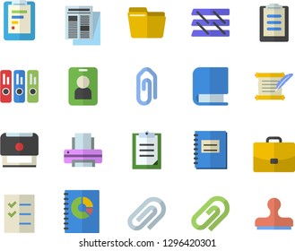 Color flat icon set case flat vector, graphic report, news, book balance accounting, clipboard, notebook, clip, computer file, folder, to do list, printer, paper tray, stamp, hostory roll